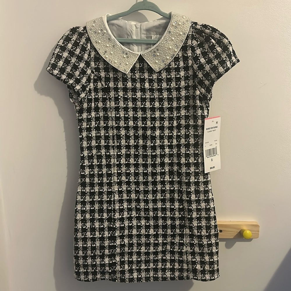 Girls Black Plaid Dress with Sequin Collar